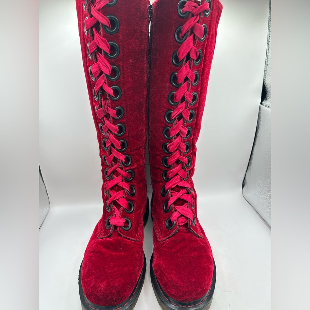 RARE Dr Martens red velvet  20 eye tall knee high zip Combat boots Men10 Women11 - Picture 6 of 16